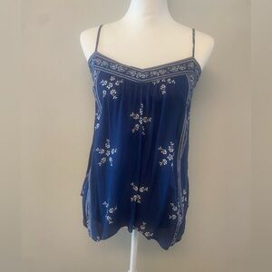 Navy Floral Spaghetti Strap Top Hankerchief hem NWT Vacation Resort Wear Summer